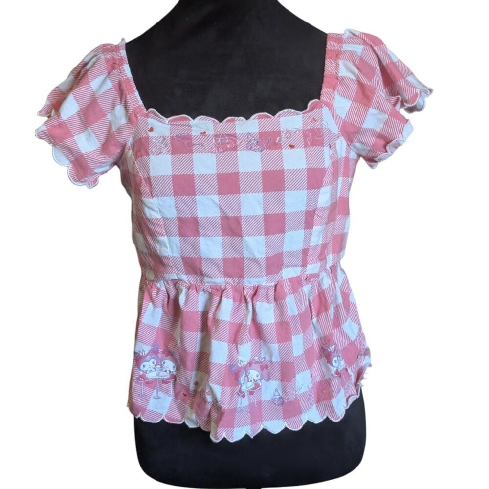 Sanrio My Melody & Kuromi Embroidered Tie-Back Peplum Blouse, Size Medium